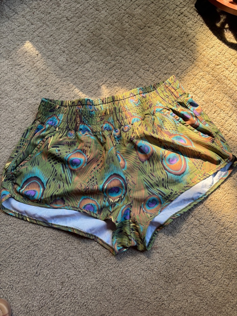 Show Me Your MuMu Peacock Feather Print Athletic Shorts - Green, Teal, Purple